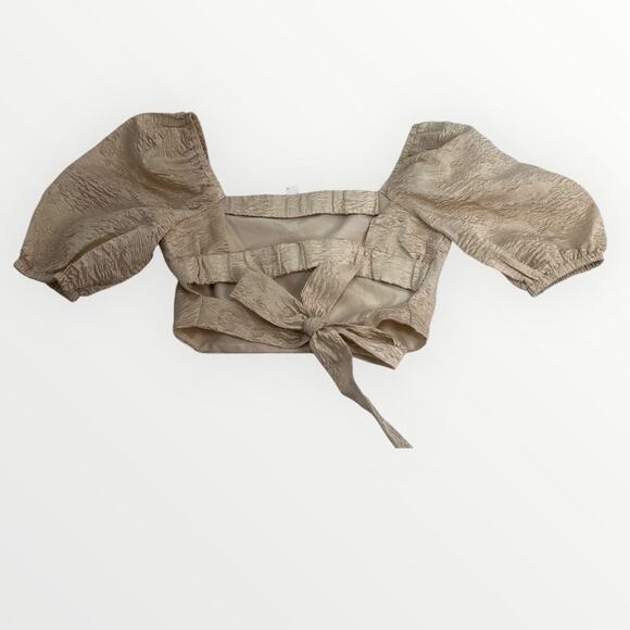 ASTR The Label Tassia Jacquard Puff Sleeve Tie Back Champagne Top SZ L NWT Chic - Picture 14 of 15